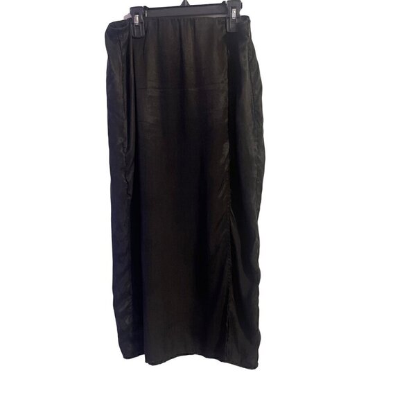 Black Satin Midi Skirt High Waist Side Zipper Slit at front Unlined Size Medium - Picture 1 of 13